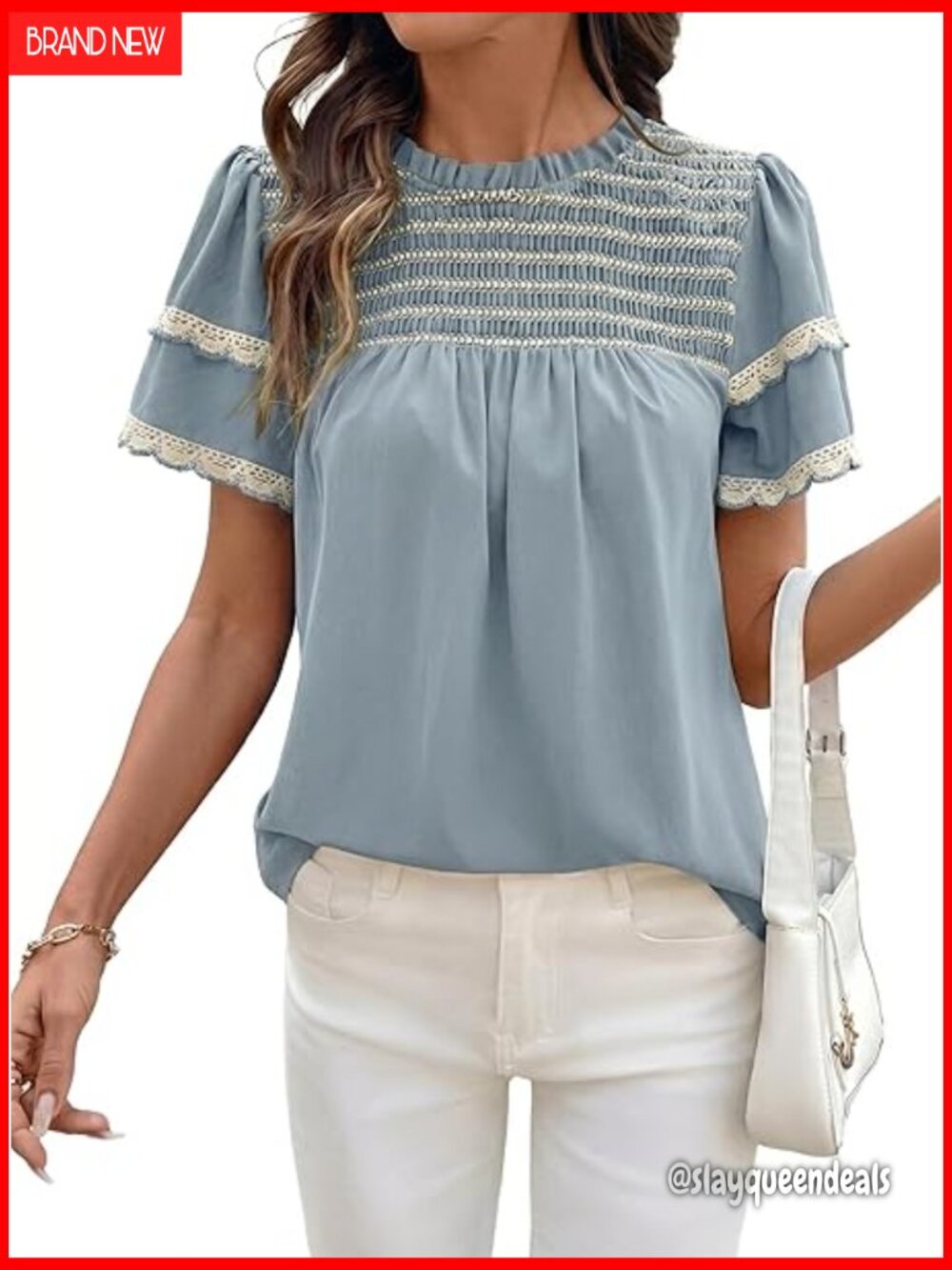 Women Crewneck Ruffle Short Sleeve Blouse Flowy Boho Top - Picture 1 of 7